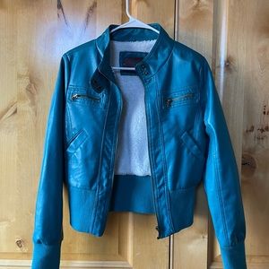 Leather blueish green jacket.